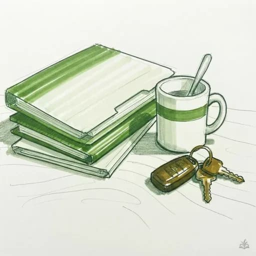 Marker vignette of document folders, a mug and truck keys