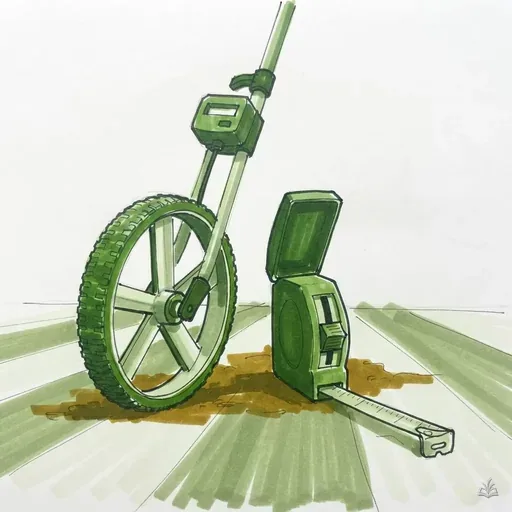 Marker vignette of a measuring wheel and tape on a lawn