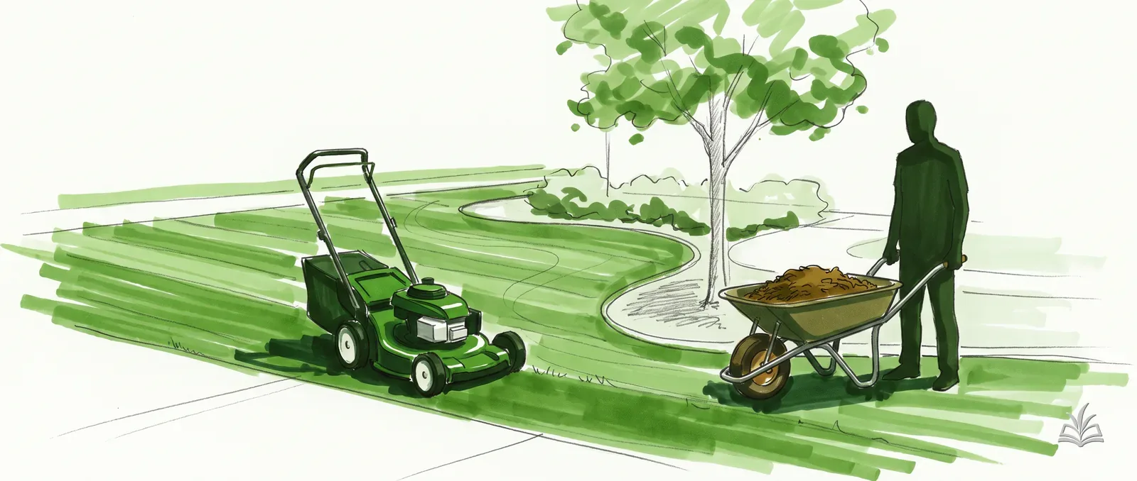 Marker rendering of a front yard with a mower on a striped lawn and a wheelbarrow of mulch